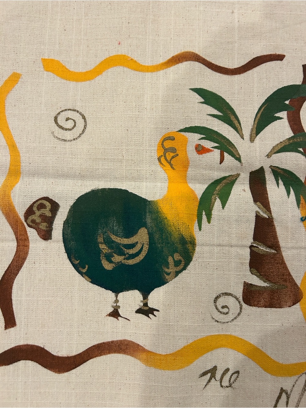 Hand-Painted Tropical dodo Bird Linen Pillow Cover - Green & Yellow image 2